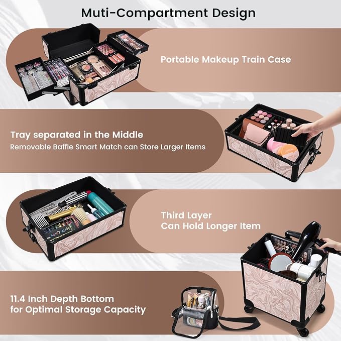 Stagiant Rolling Makeup Case 4 in 1 Cosmetology Case on Wheels Makeup Travel Case with Cosmetic Bag Key Swivel Wheels Salon Barber Case Traveling Cart Trunk Cosmetic Trolley Alpine Pink - Image 2