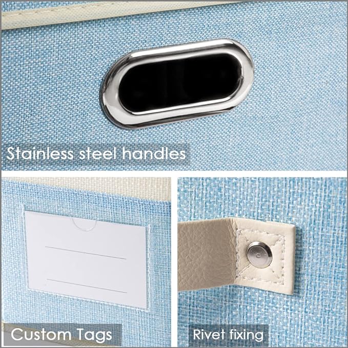 PRANDOM Collapsible Storage Bin with Lid [3-Pack] Fabric Foldable Storage Box Organizer Container Basket Cube with Cover for Home Bedroom Closet Office Nursery Blue&Cream(14.9x9.8x9.8) - Image 3
