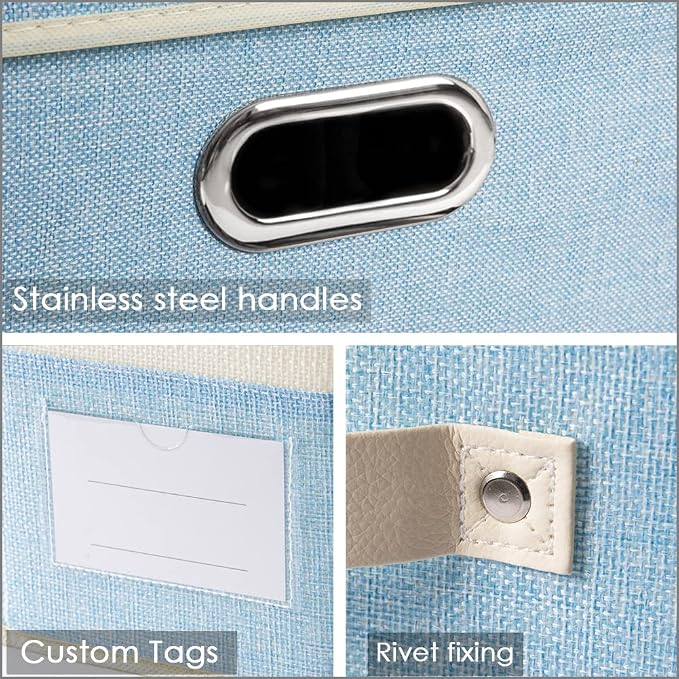 PRANDOM Large Foldable Storage Boxes with Lids [3-Pack] Fabric Collapsible Storage Bins Organizer Containers Baskets Cube with Cover for Home Bedroom Closet Office Nursery Blue&Cream(17.7x11.8x11.8) - Image 3