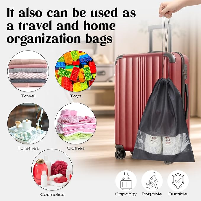 Shappy 50 Pcs Dark Grey Travel Shoe Bags Non Woven Packing Drawstring Sacks Clear Window Large Storage Pouch Organizer for Men Women - Image 6
