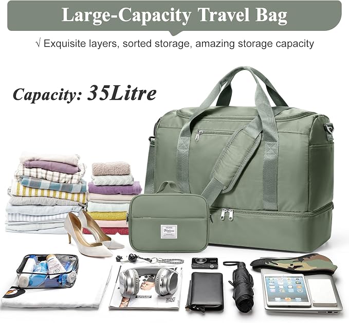 Travel Duffel Bag,Carry-On Overnight Weekender Bags with Shoes Compartment | Travel Bag with Wet Pocket & Toiletry Bag,For Spirit Airlines 18x14x8 Personal Item Bag,Small,Olive Green - Image 3