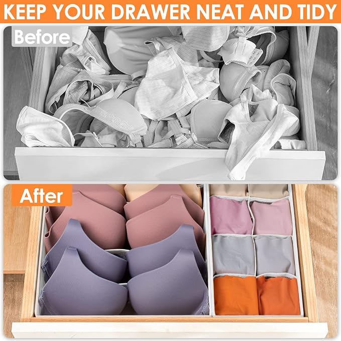 6 Pack Sock Underwear Drawer Organizer Dividers, 58 Cell Foldable Fabric Dresser Closet Organizers and Storage Bins for Clothing, Baby Clothes, Bra, Panty, Scarf, Ties (White) - Image 2