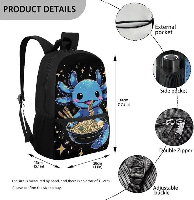 Blue Axolotl Backpack with Lunch Box Kids Girls 6-8/5-7 Ramen Bookbag for 1st Grade Lunch Bag Pencil Case 3 in 1 Set Anime Back Pack Toddler Teen Elementary School Book Bags Preschool - Image 3