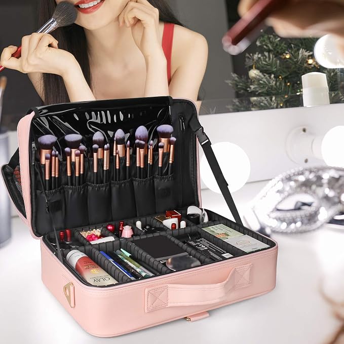 Relavel Makeup Case Large Makeup Bag Professional Train Case 16.5 inches Travel Cosmetic Organizer Brush Holder Waterproof Makeup Artist Storage Box, 3 Layer Large with Adjustable Strap (Pink) - Image 8