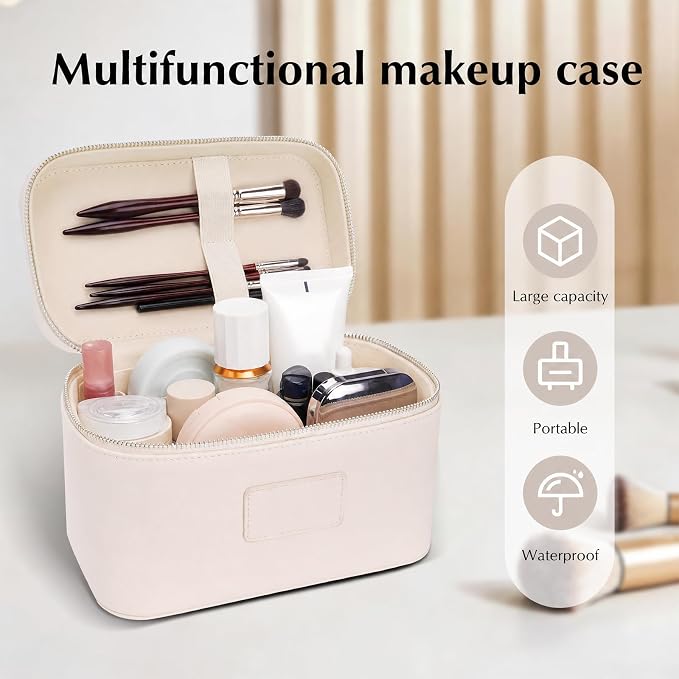 Makeup Case for Women, Leather Makeup Bag Cosmetic Case with Removable Divider, Large Capacity Waterproof Portable Travel Toiletry Make up Organizer Case - Image 4