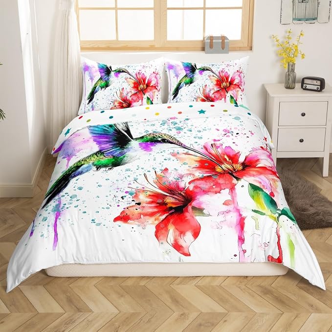 Hummingbird Duvet Cover Red Lotus Comforter Cover for Boys Girls Child Kids Colorful Tie Dye Bedding Sets,Vintage Abstract Art Design Duvet Cover Flowers Rustic Style Duvet Cover, King Size - Image 4