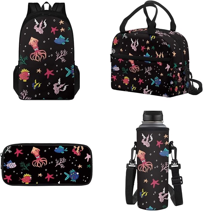 Kids School Backpack for Boys, Cartoon Sea Animal Car School Bags with Side Pockets and Reusable Lunch Box Bag Pencil Case Water Bottle Sleeve Set Teens Bookbag by Tomeusey
