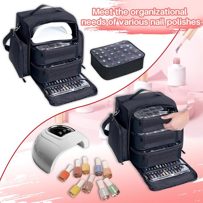 Nail Polish Organizer Case Hold 90 Bottles with 3 Detachable Bag,Black | Portable Travel Storage Box Designed for Women's Nail Tools, Essential Oils and Cosmetics Sets - Image 6