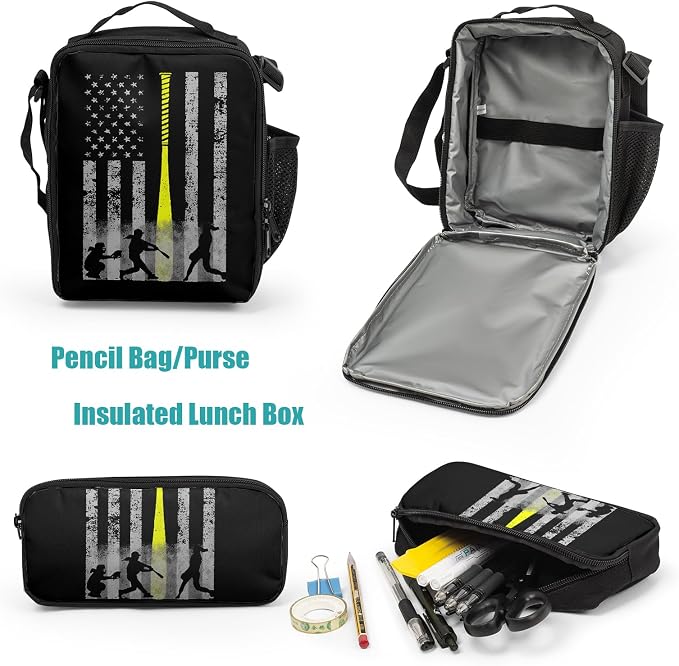 Giwawa Baseball American Flag Backpack Set 3 Pcs Patriotic USA Sporty Lightweight Bookbag Insulated Lunch Box Organizer for Athletes Students Sports Events Study Back to School Day Travel - Image 5