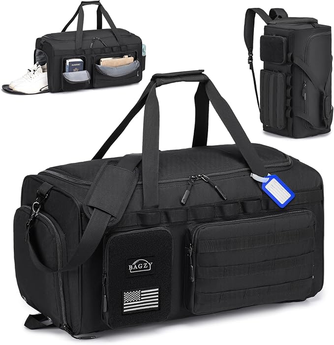 Tactical Gym Bag for Men 55L Sports Duffel Bags 3 in 1 Travel Duffel Bag with Shoe Compartment Waterproof Workout Backpack Carry On Bag for Overnight Weekender Travel Black by BAGZY