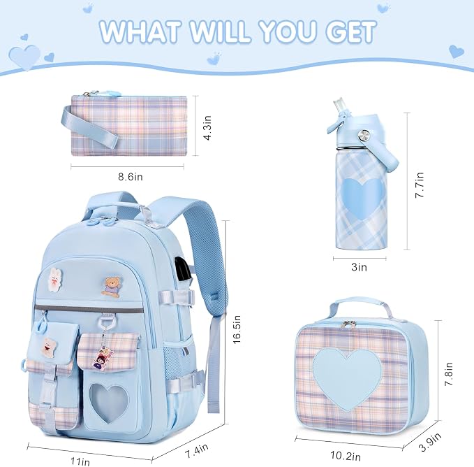 ACESAK Backpack for Girls with Insulated Water Bottle, Bookbag Backpack for Girls Kids, 14oz Kids Water Bottle Stainless Steel, Lunch Bag & Pencial Case, Back To School Gift (Blue) - Image 2
