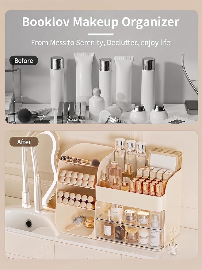 Booklov Small Makeup Organizer for Vanity and Bathroom Countertop, Cream | Clear Acrylic Cosmetic Display Case, Beauty Brush Holder for Dresser Counter Skincare Eyeshadow Lipstick Perfume Storage - Image 6