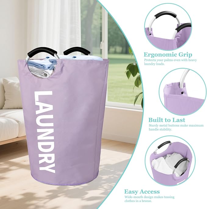 WOOHA 125L Large laundry basket,Collapsible laundry hamper, Tall Clothes Baskets Folding Washing Bin Foldable Fabric Hamper Bags for Bedroom, Closet,Bathroom,College,purple - Image 3