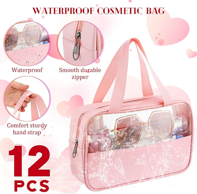 Buryeah 12 Pcs Translucent Make up Bag Toiletry Organizer for Women Men Waterproof Portable Cosmetic Travel Bag with Hanging Handles Travel Storage Carry Pouch Gifts for Bridesmaid (Pink) - Image 7