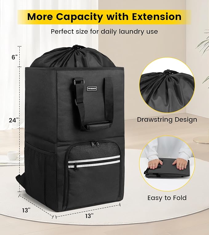 Vorspack Laundry Bag Backpack - Extra Large Laundry Bags with Shoulder Straps Heavy-duty 2 in 1 Laundry Hamper Basket for College Dorm Camp Laundromat Room Essentials - Black - Image 2