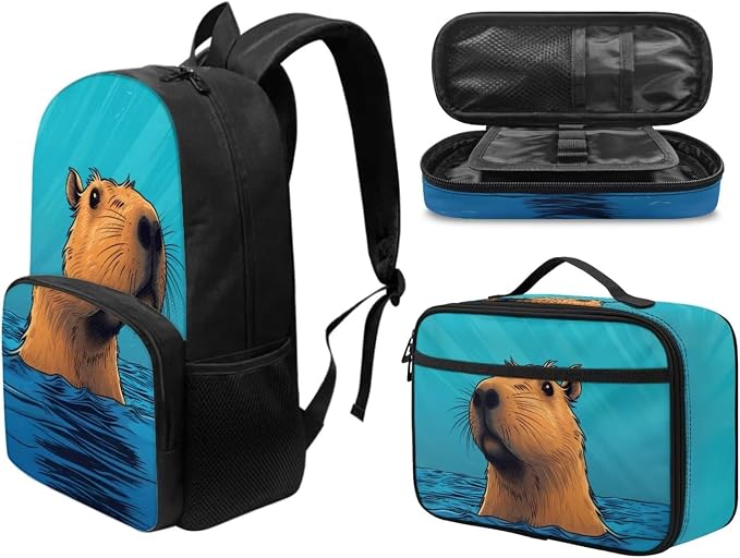 Cute Capybara Kids Backpack 3 Piece Set with Insulated Lunch Bag Pencil Case Lightweight Waterproof School Bag Back to School Supplies for Elementary Kindergarten Boys Girls, 17'' 25L - Image 2