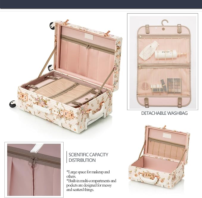 COTRUNKAGE Travel Vintage Luggage Set 2 Piece Floral Cute Check In Suitcases with Spinner Wheels for Womens, Beige Floral - Image 4