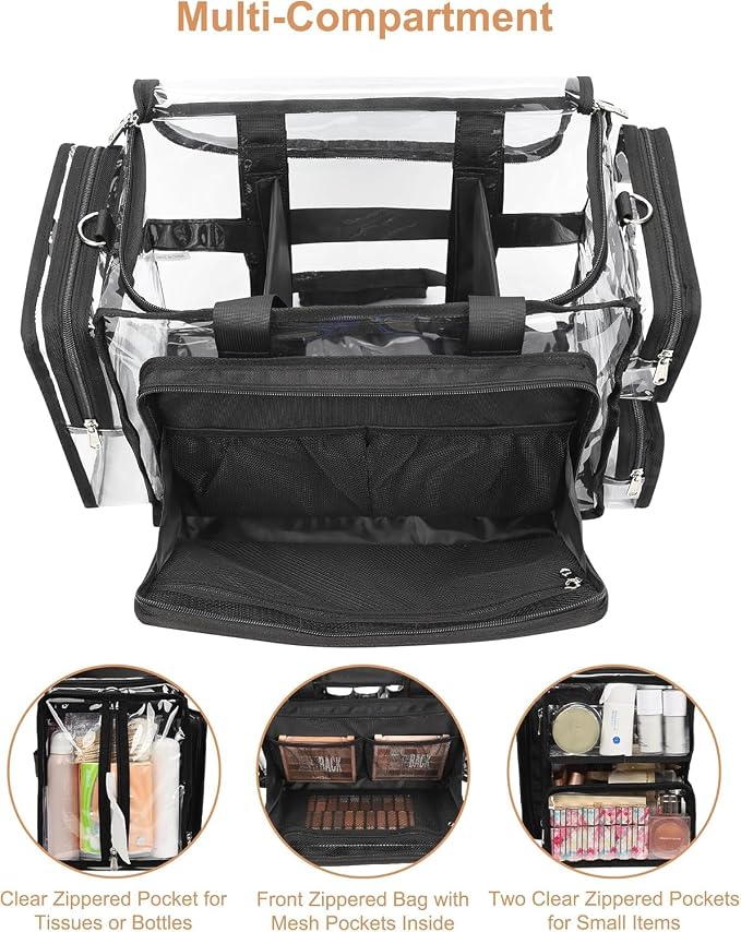 Relavel Clear Makeup Bag with 2 Small Pouches, Professional Makeup Artist Kit Set, Portable Cosmetic Storage Organizer Hair Stylist Travelling Bag with Adjustable Dividers & Shoulder Strap - Image 5