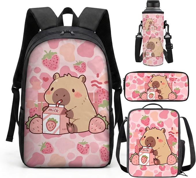 Cute Capybara Backpack for School Girls 2nd Grade : 17in Strawberry Bookbag with Lunch Box - 4 in 1 Cow Print Book Bag - Cowgirl Set for Kids 6-8-10 by SCRAWLGODDreamWardrobe