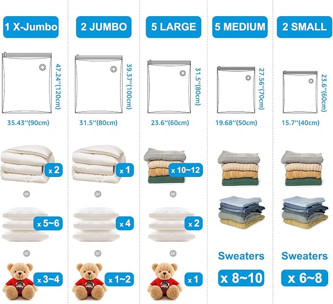BoxLegend Vacuum Storage Bags with Large Hand Pump 15 Combo (1X-Jumbo, 2 Jumbo, 5 Large, 5 Medium, 2 Small) Thickened Vacuum Seal Bags for Clothing Pillow Comforters Bedding,1 Large Pump - Image 6