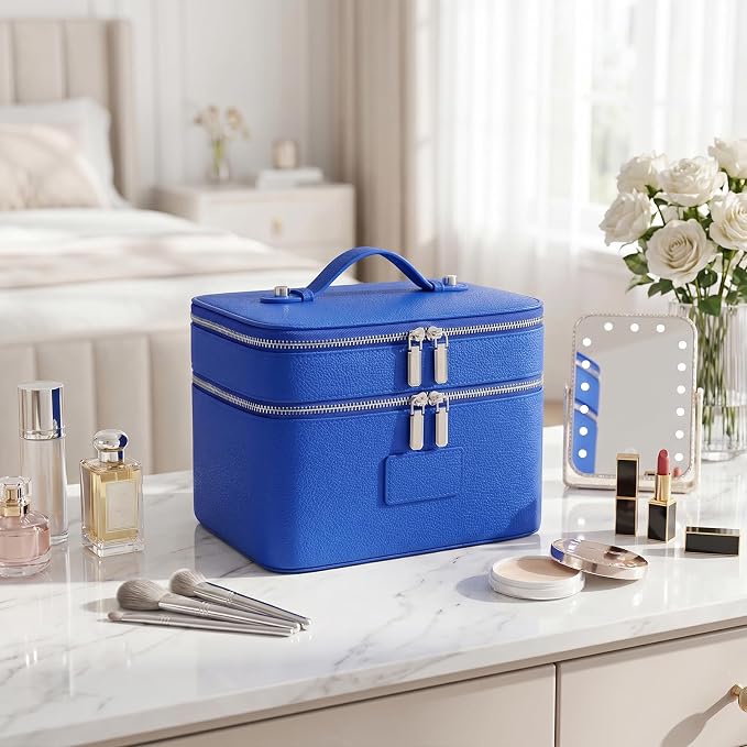 Makeup Case,Leather Double Layer Makeup Bag Duo,Large Portable Travel Toiletry Case Cosmetic Organizer for Women - Image 6