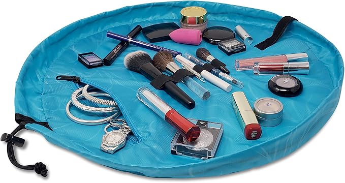 Lay-n-Go Cosmo Layflat Drawstring Cosmetic & Makeup Bag Organizer w/Zipper Pocket, Brush Loops & More, Cinch to Close, Lay Flat to Use, Durable, Machine Wash, Travel Toiletry Bag (20", Ocean Blue) - Image 4