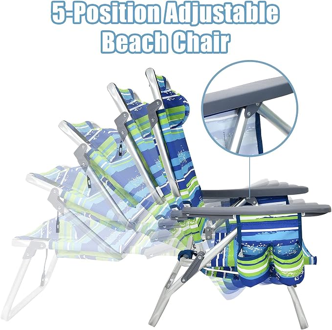 Giantex Folding Beach Chair, Patio Sling Chairs with 5 Adjustable Position, Head Pillow, Storage Bag, Towel Bar, Cup Holders, Backpack Chairs for Sunbathing, Camping Chair - Image 7