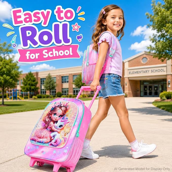 AGSDON 3PCS Rolling Backpack for Girls Boys, Kids Roller Wheels Bookbag, Wheeled School Bag with Lunch Bag - Image 2