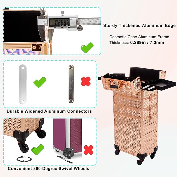 AROUS 5 in 1 Rolling Makeup Train Case with Lid Cosmetology Case on Wheels | Large Cosmetic Trolley Organizer with Keys Salon Barber Case Traveling Cart Trunk for Artist Hairstylists Nail Tech, Gold - Image 7