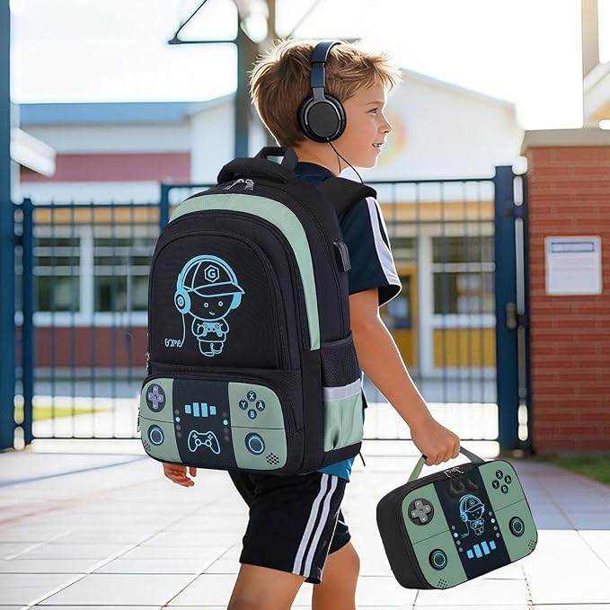 Bevalsa Backpack for School Boys, Cool Luminous Gamer Boys Schoolbag with Lunch Box & Pencil Case Set for Kids Teens Elementary Middle School, Bookbag Glow In The Dark(Green Backpack) - Image 8