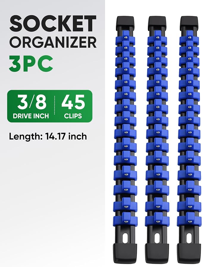 ALOANES 3PC ABS Socket Organizer, Socket Rails Fit 3/8 inch Drive | Portable Heavy Duty Socket Holders Hold up 45 Sockets for Toolbox Drawer Bags(Blue) - Image 2