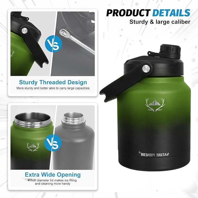 NATURE PIONEOR 84 oz Insulated Water Bottle Jug with Carrier Bag | 18/8 Food-grade Stainless Steel, Double Vacuum Insulation, Wide-Mouth, Straw & Spout Lid, Strap, Camping, Hiking, Gym, Work - Image 5