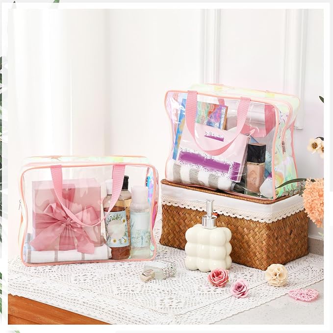 Sweetude 6 Pcs Large Clear Toiletry Bag with Handle Large Capacity Travel Iridescent Beach Makeup Bag PVC Clear Plastic Tote Punch Cosmetic Clothes Storage Organizer for Women Men (Pink) - Image 2