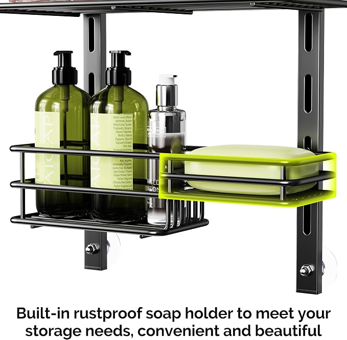 Orimade Over The Door Shower Caddy Adjustable 4 Tier Black,Bathroom Hanging Organizer Shelf Rustproof with 4 Hooks,Shower Basket with Soap Holder and Suction Cup - Image 4