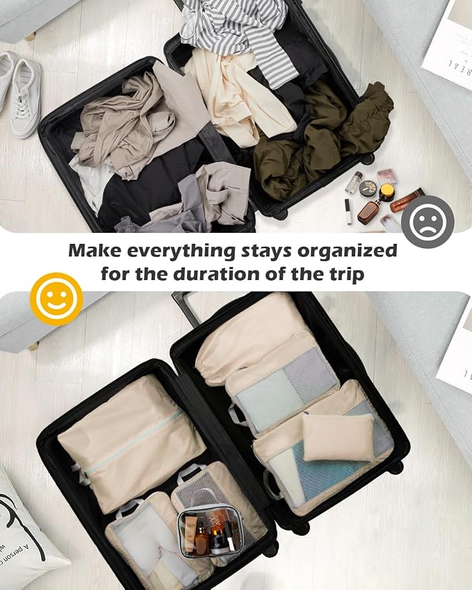 Gonex 8 Set Expandable Mesh Packing Cubes for Travel Essentials, Compression Organizer with Toiletry, Laundry, Shoe, Cable Bags - Beige - Image 8