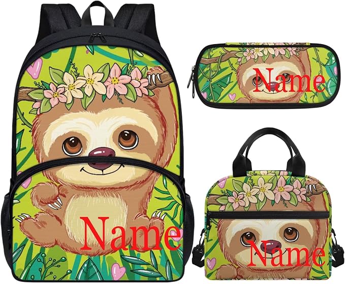 Custom Sloth Girls Bookbag Kids Backpack for Girls Elementary Kindergarten Preschool Personalized School Bag with Lunch Bag and Pencil Box Set 3-in-1 Casual Daypack by Vanideaoty