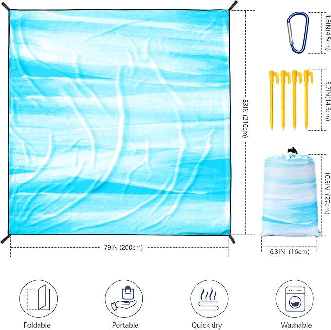 WIWIGO Beach Blanket Waterproof Sandproof Beach Mat 79" X 83"/10'x9'for 2-8 Adults Quick Drying Outdoor Picnic Mat Beach Accessories for Travel, Camping, Hiking - Image 2