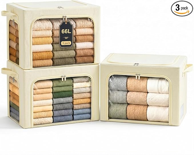 GoMaihe 3 Opening Clothes Storage Bins with Metal Frame, 66L Blanket Storage Organizer for Walk-in Closet Large Storage Boxes with Clear Window for Bedding Winter Clothing 3-Pack Beige by GoMaihe