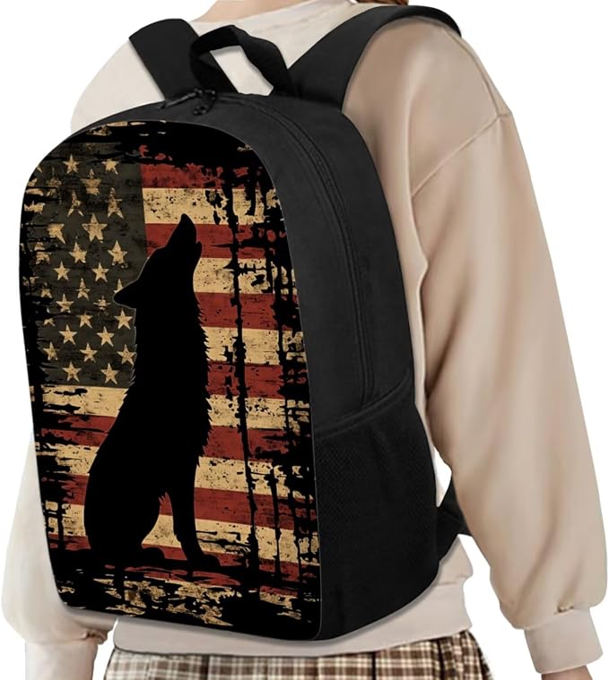 GIFTPUZZ 17 Inch Wolf American Flag Backpack Set Boys 8-10 | Polyester, Ergonomic Straps, 4 Piece, Lunch Box, School Backpack for Students - Image 2