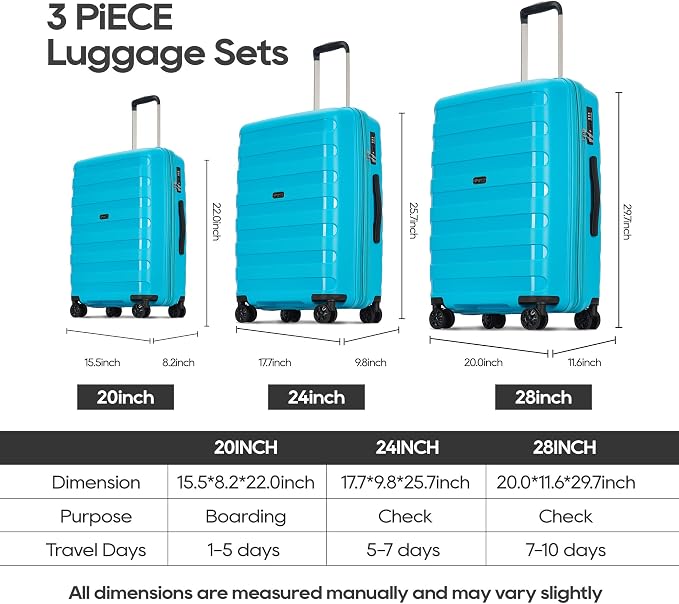 GinzaTravel PP material 3-piece expandable luggage sets with Spinner Wheels， Suitcase with TSA Lock，Large Luggage for Family Travel carry on 20/24/28，Lake Blue color - Image 9