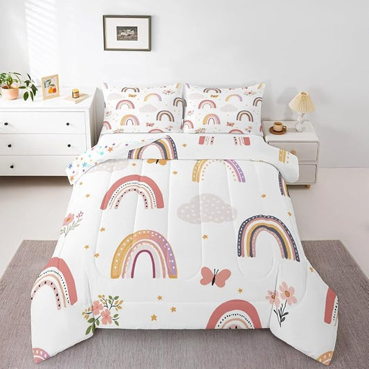 Erosebridal Rainbow Twin Bedding Sets for Girls,Cartoon Butterfly Comforter Set Flower Floral Bedding Set for Kids Girls Children Women,Stars Hand Drawn Rainbow Bedding Comforters Kawaii Room Decor by Erosebridal