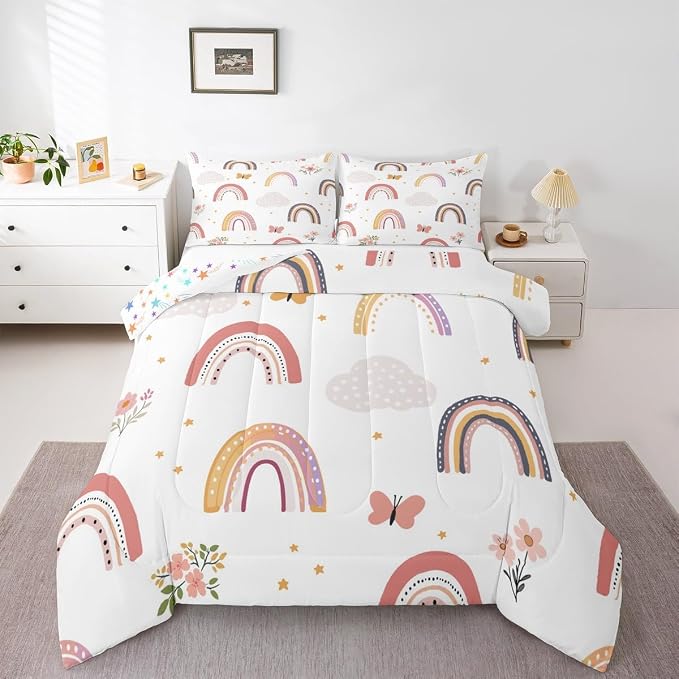 Erosebridal Rainbow Full Bedding Sets for Girls,Cartoon Butterfly Comforter Set Flower Floral Bedding Set for Kids Girls Children Women,Stars Hand Drawn Rainbow Bedding Comforters Kawaii Room Decor by Erosebridal