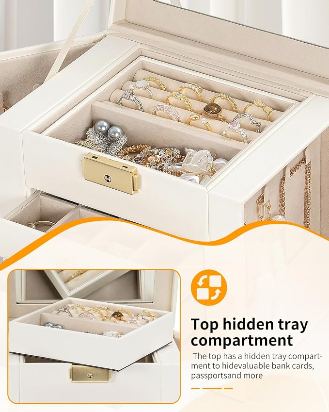 AKOZLIN 5-Tier Jewelry Box Leather Jewelry Storage Organizer with 4 Drawers Lockable for Women Girls Ring Necklace Earring Bracelet Watches Holder with Mirror White - Image 3