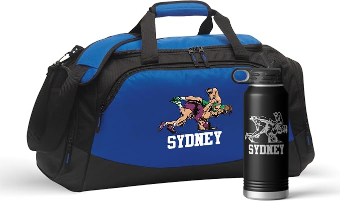 Girls Wrestling Duffel Bag - Girls wrestling gear Personalized Wrestler Gym Bag, Girls Wrestling Gifts, wrestling bags for boys, Water Bottle, Backpack, Accessories (Female Wrestler, Blue/Black, Bag/Bottle Combo) by VitalSignsNW