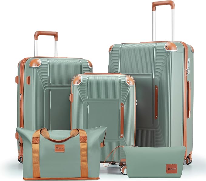 5 Piece Luggage Sets PP Hardshell with Duffel & Toiletry Bag, Carry-on Suitcase Set (20/24/28) with Detachable Spinner Wheels, YKK Zippers & Corner Guards, Lightweight TSA Lock (Sage Green) by Unknown
