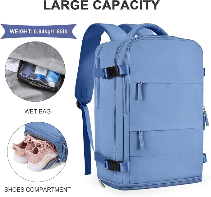 coowoz Large Travel Backpack For Women Men,Carry On Backpack Flight Approved,Hiking Backpack Outdoor Rucksack Casual Daypack Fit 15.6 Inch Laptop Shoes Compartment (Sky Blue L) - Image 4