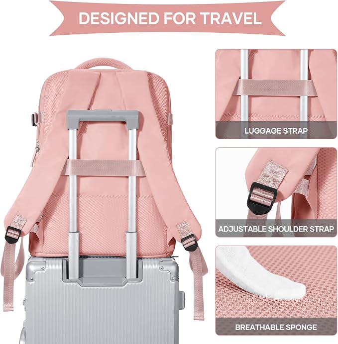 coowoz Large Travel Backpack For Women Men,Carry On Backpack,Hiking Backpack Waterproof Outdoor Sports Rucksack Casual Daypack Travel Essentials Pink - Image 4