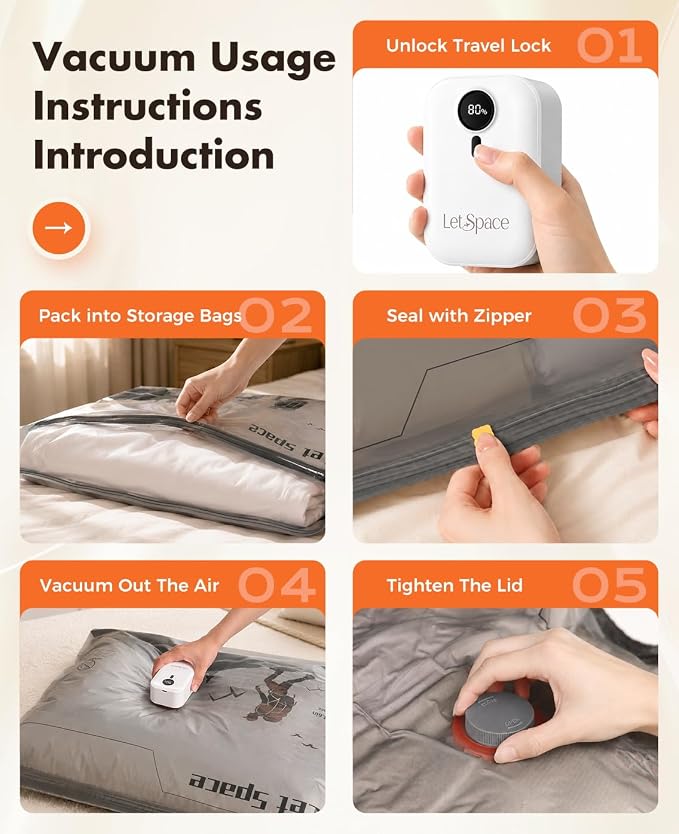 Vacuum Storage Bags with Electric Pump,Covers -60kPa Vacuum Seal Bags for Clothing Devices, Travel Bags with Portable Cordless Pump Included, Compatible with Bags 20 Combo Set - Image 7