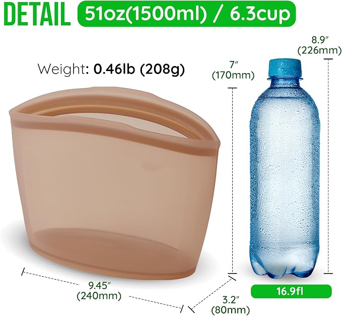 Reusable Silicone Food Storage Bag, 6 Cups, Large Container, Made in Korea BPA-Free Platinum Silicone, Triple-Airtight Freezer Bag, Microwave Safe, Sous Vide, Meal Prep, 51oz, Taupe Brown - Image 7