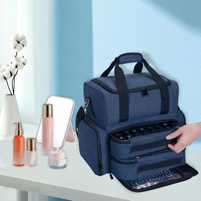 Large Makeup Bag with 2 Removable Case Cosmetic,Blue | Large Makeup Bag with 2 Removable Case Multifunctional Cosmetic Bag Double Layer Travel Toiletry Organizer - Image 6